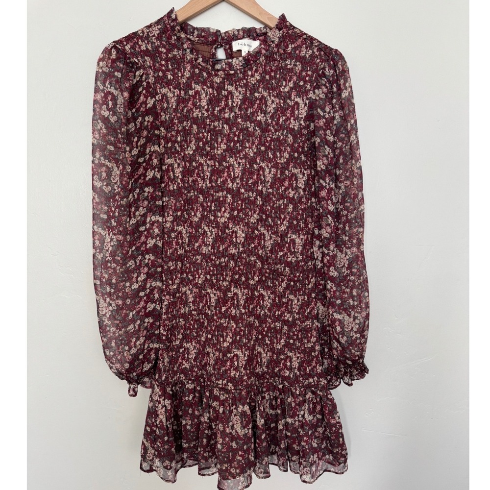 Bohme Burgundy Floral Smocked Mock Neck Ruffle Hem Mini Dress Long Sleeve Size M